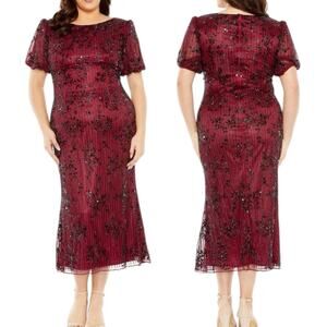Mac Duggal Size 20 WBurgundy Puff Sleeve Beaded Fairy Cocktail MIDI Holiday $598